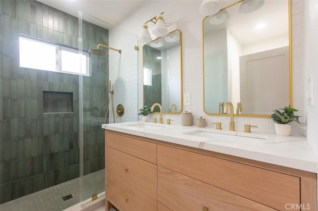 3540 S Sycamore Ave, Los Angeles, CA 90016 - bathroom featuring double vanity, a sink, and a stall shower
