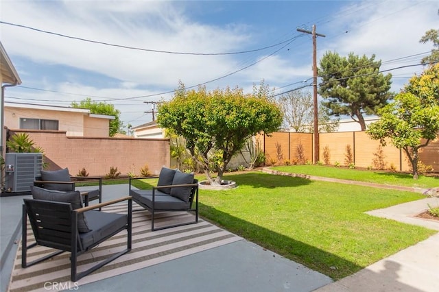 3540 S Sycamore Ave, Los Angeles, CA 90016 - view of yard with a patio area, central air condition unit, a fenced backyard, and an outdoor hangout area