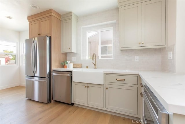 3540 S Sycamore Ave, Los Angeles, CA 90016 - kitchen with a sink, tasteful backsplash, appliances with stainless steel finishes, and light wood-style floors