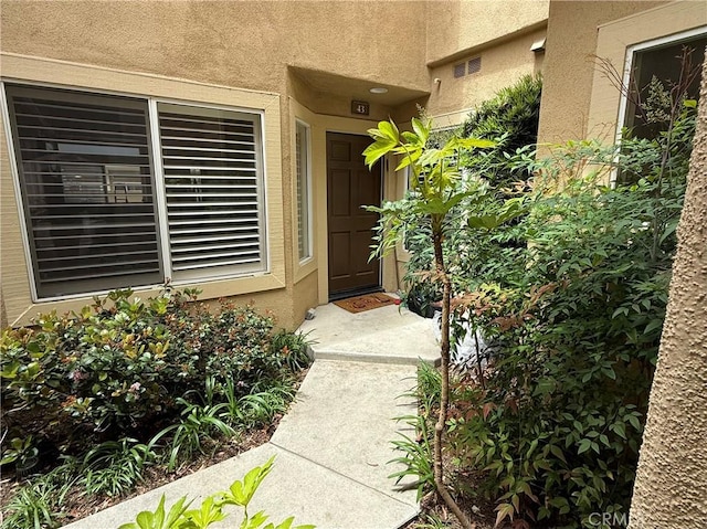 entrance to property with visible vents and stucco siding