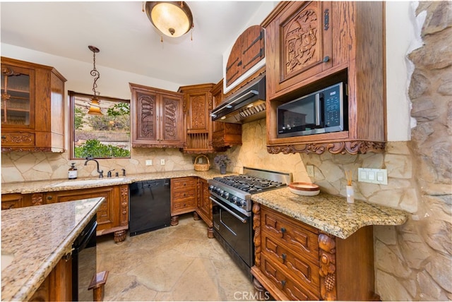 32140 Windrush Rd, Agua Dulce, CA 91390 - kitchen featuring under cabinet range hood, decorative backsplash, dishwasher, range with two ovens, and a sink