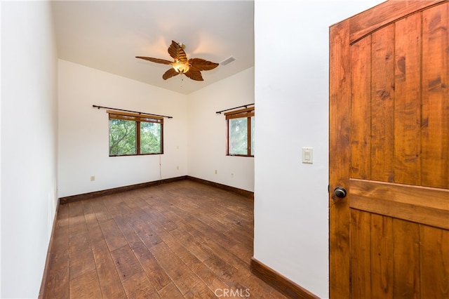 32140 Windrush Rd, Agua Dulce, CA 91390 - spare room with dark wood-style flooring, visible vents, ceiling fan, and baseboards