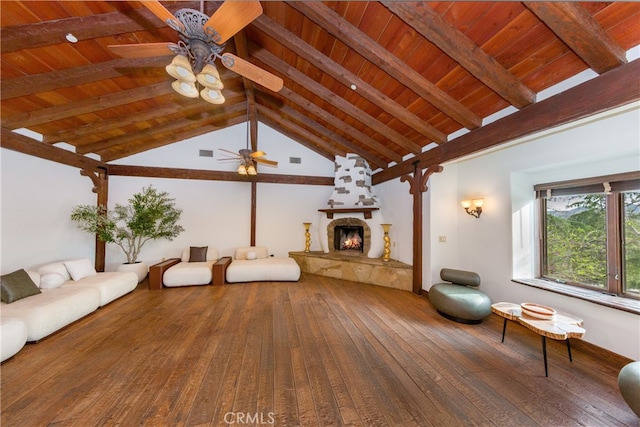 32140 Windrush Rd, Agua Dulce, CA 91390 - unfurnished living room with lofted ceiling with beams, a fireplace, hardwood / wood-style floors, ceiling fan, and wood ceiling