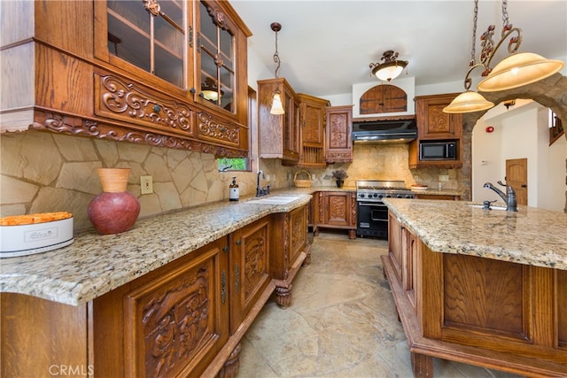 32140 Windrush Rd, Agua Dulce, CA 91390 - kitchen featuring brown cabinetry, stone finish flooring, a sink, gas range oven, and extractor fan