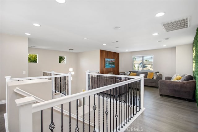 33081 Yucca St, Temecula, CA 92592 - corridor with an upstairs landing, wood finished floors, and recessed lighting