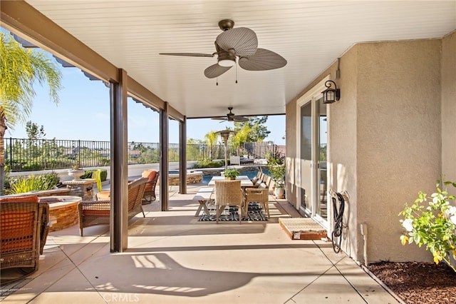 33081 Yucca St, Temecula, CA 92592 - view of patio / terrace with fence, ceiling fan, and outdoor dining space