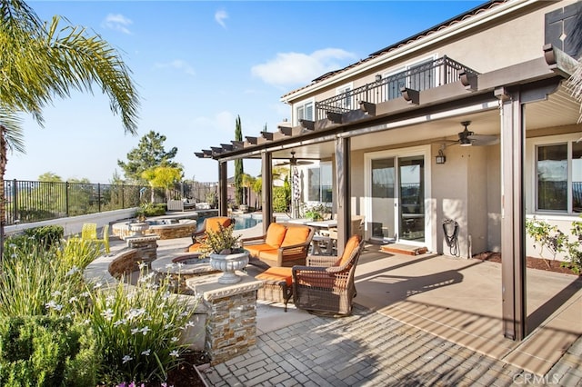 33081 Yucca St, Temecula, CA 92592 - view of patio / terrace featuring a balcony, a ceiling fan, a fenced backyard, an outdoor hangout area, and a pool with connected hot tub