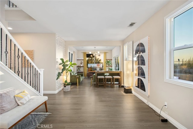 33081 Yucca St, Temecula, CA 92592 - entrance foyer with a chandelier, wood finished floors, baseboards, and stairway