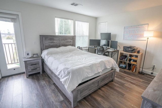 bedroom with visible vents, access to exterior, and dark wood finished floors