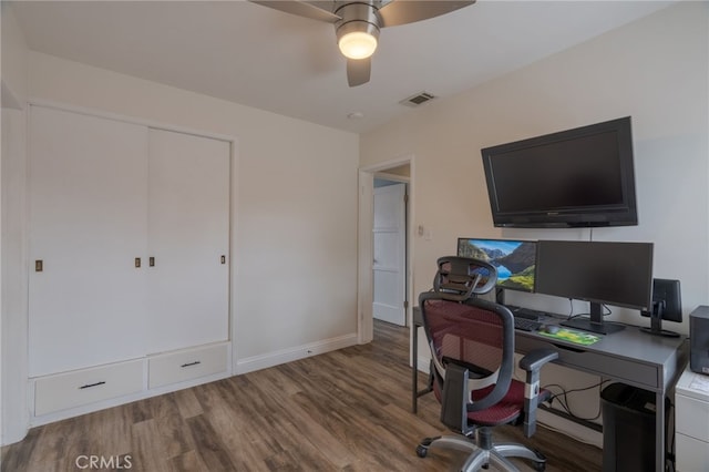 office area featuring wood finished floors, visible vents, baseboards, and ceiling fan
