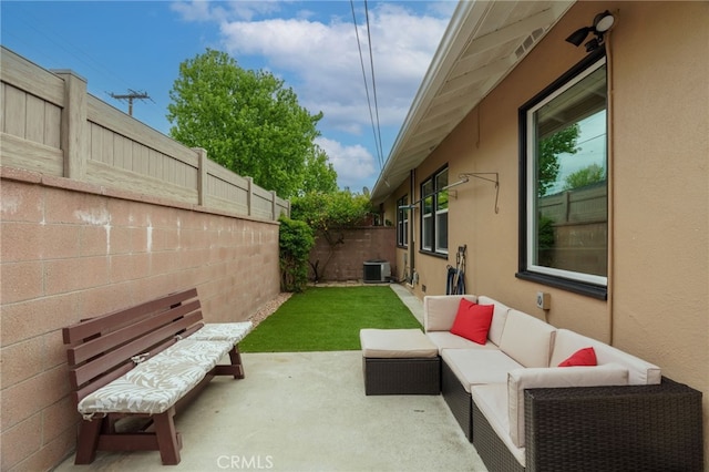 view of patio / terrace featuring a fenced backyard, outdoor lounge area, and central AC