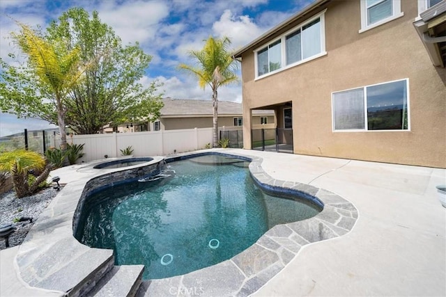 view of pool featuring a fenced in pool, a patio, an in ground hot tub, and a fenced backyard