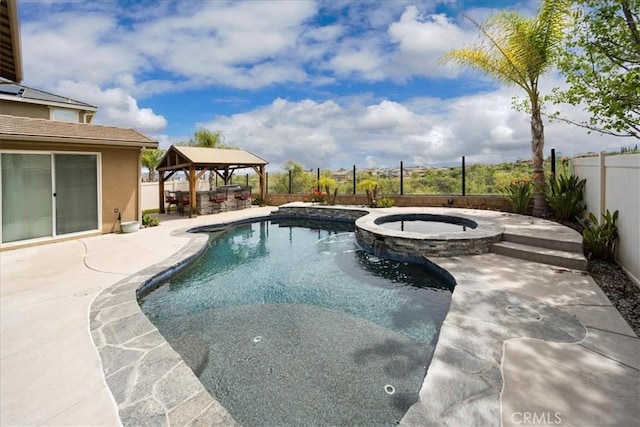 view of swimming pool with a patio area, a fenced backyard, a gazebo, and a pool with connected hot tub