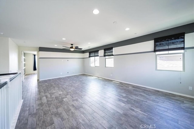 unfurnished room with recessed lighting, a ceiling fan, and wood finished floors