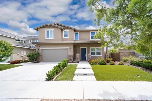craftsman inspired home featuring an attached garage, stone siding, stucco siding, a front lawn, and driveway