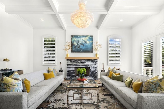 5366 Collingwood Cir, Calabasas, CA 91302 - living room featuring beamed ceiling, a chandelier, coffered ceiling, and crown molding