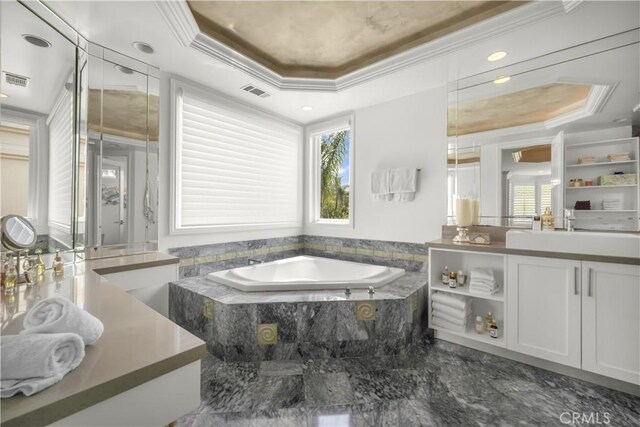 5366 Collingwood Cir, Calabasas, CA 91302 - full bathroom featuring a raised ceiling, a bath, vanity, ornamental molding, and marble finish flooring