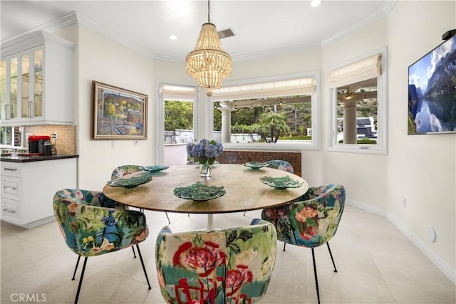 5366 Collingwood Cir, Calabasas, CA 91302 - dining space featuring recessed lighting, a chandelier, crown molding, baseboards, and light tile patterned flooring