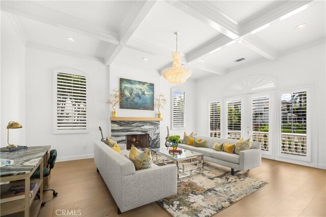 5366 Collingwood Cir, Calabasas, CA 91302 - living room featuring coffered ceiling, beamed ceiling, wood finished floors, recessed lighting, and a fireplace