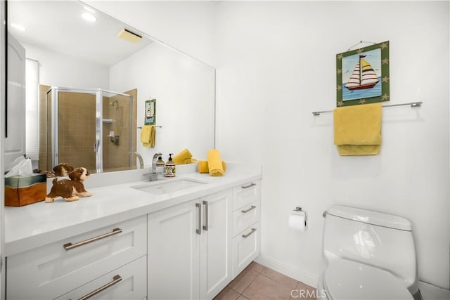 5366 Collingwood Cir, Calabasas, CA 91302 - bathroom featuring vanity, toilet, tile patterned floors, and a stall shower