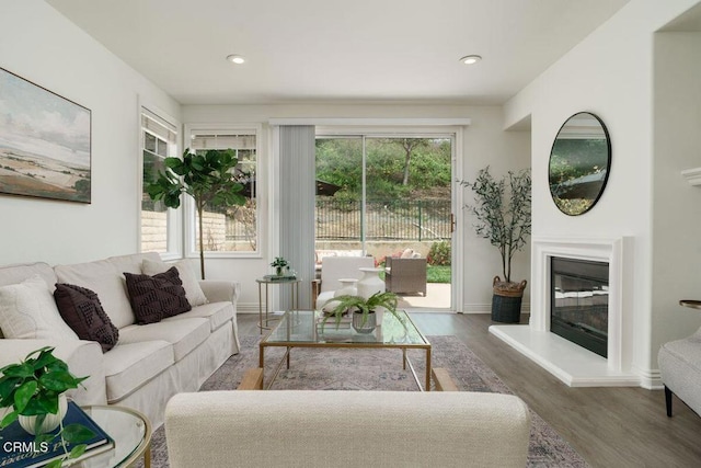 living area with a glass covered fireplace, baseboards, recessed lighting, and wood finished floors
