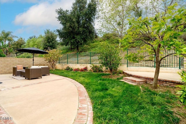 view of yard with an outdoor living space, a fenced backyard, and a patio