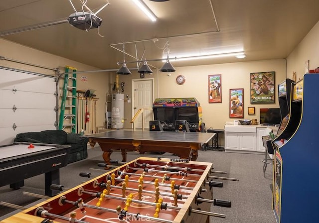 recreation room with dark colored carpet, strapped water heater, and a garage
