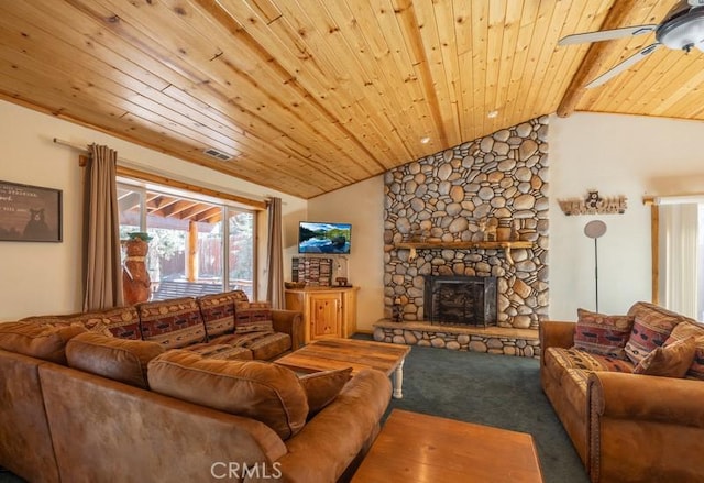 carpeted living room featuring a fireplace, vaulted ceiling with beams, wooden ceiling, and ceiling fan