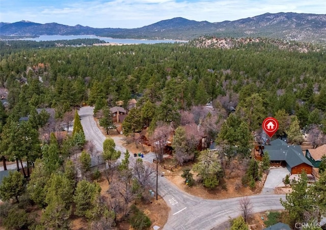 bird's eye view with a wooded view and a mountain view