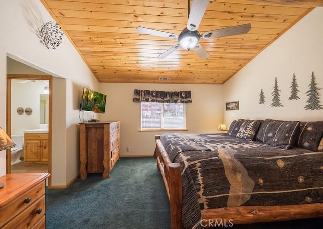 carpeted bedroom featuring wood ceiling, baseboards, a ceiling fan, and vaulted ceiling
