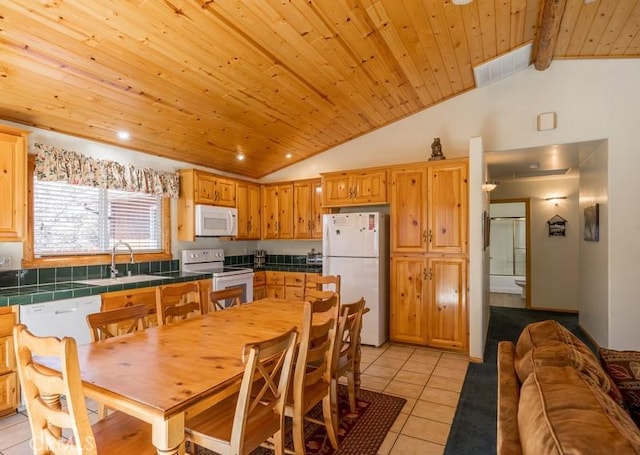 kitchen featuring tile counters, white appliances, wood ceiling, lofted ceiling, and visible vents