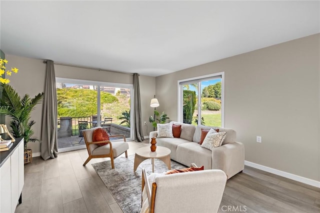 living room with baseboards and light wood-type flooring