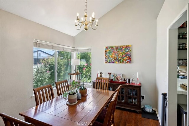 312 Barrington Cir, Redlands, CA 92374 - dining room featuring a chandelier, wood finished floors, and high vaulted ceiling