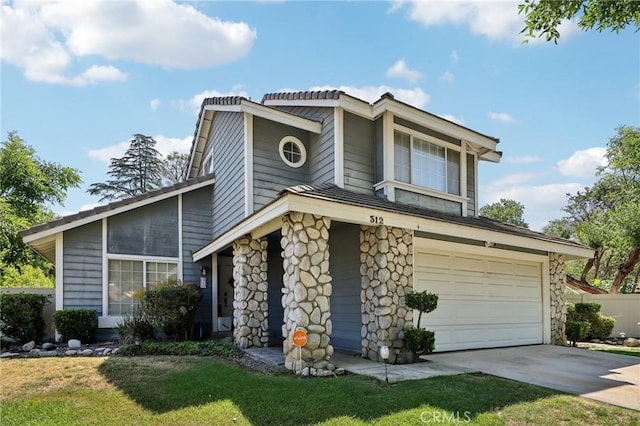312 Barrington Cir, Redlands, CA 92374 - mid-century home with stone siding, concrete driveway, and an attached garage