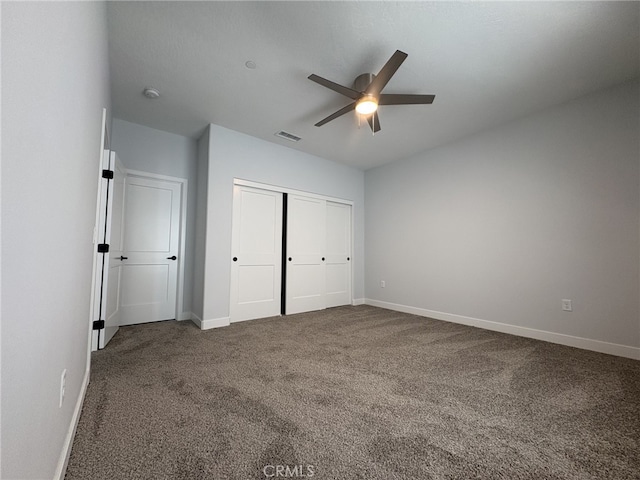 12525 Spring Valley Pkwy, Victorville, CA 92395 - unfurnished bedroom featuring a ceiling fan, a closet, baseboards, carpet flooring, and visible vents