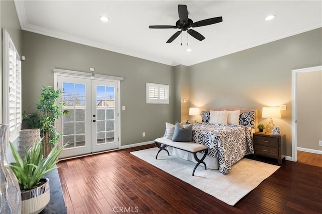 bedroom with dark wood-style flooring, french doors, baseboards, and access to exterior