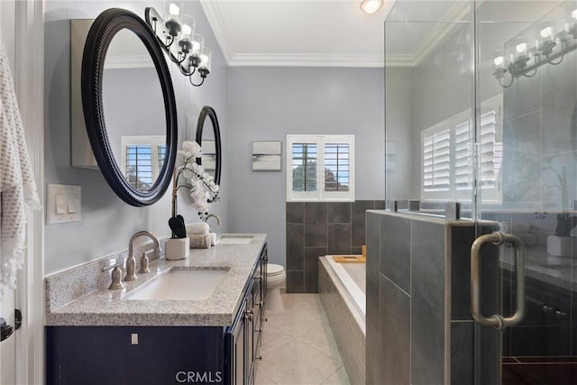 full bathroom with a shower stall, tile patterned floors, a sink, and double vanity