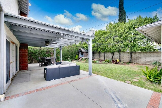 162 Acacia Ave, Monrovia, CA 91016 - fenced backyard with an outdoor living space, ceiling fan, a patio, and outdoor dining space