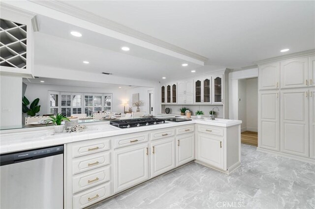 162 Acacia Ave, Monrovia, CA 91016 - kitchen featuring stainless steel appliances, recessed lighting, glass insert cabinets, white cabinets, and light marble finish floors