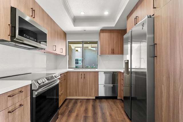 kitchen with appliances with stainless steel finishes, dark wood finished floors, a sink, light countertops, and a raised ceiling