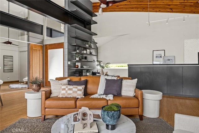 living area featuring wood finished floors and high vaulted ceiling