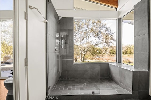 bathroom featuring a tile shower