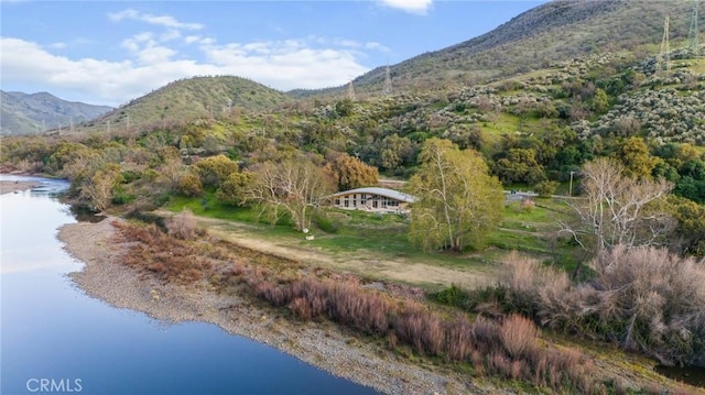 view of mountain feature with a forest view and a water view