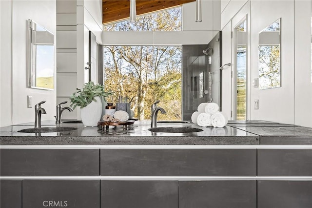 interior details featuring dark stone counters and a sink