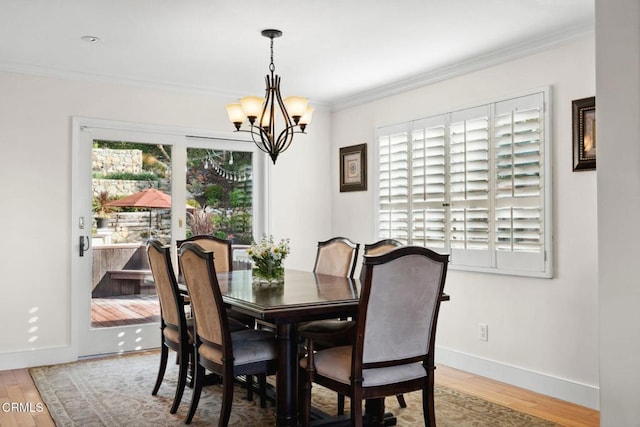 191 Southview Cir, Ventura, CA 93003 - dining area featuring baseboards, a notable chandelier, crown molding, and wood finished floors