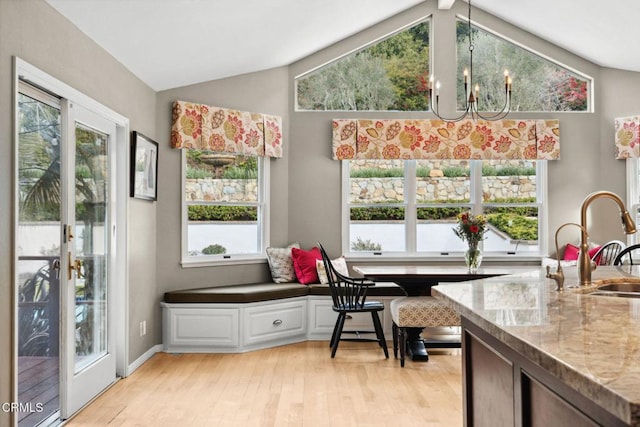 191 Southview Cir, Ventura, CA 93003 - dining area featuring breakfast area, an inviting chandelier, light wood-type flooring, and lofted ceiling