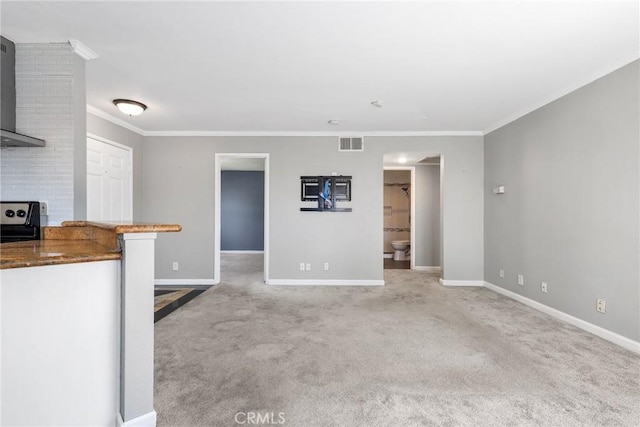 3408 Hathaway Ave Unit 301, Long Beach, CA 90815 - unfurnished living room featuring light colored carpet, baseboards, and ornamental molding
