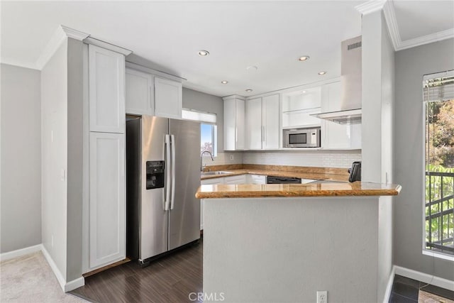 3408 Hathaway Ave Unit 301, Long Beach, CA 90815 - kitchen with appliances with stainless steel finishes, crown molding, baseboards, a sink, and white cabinets