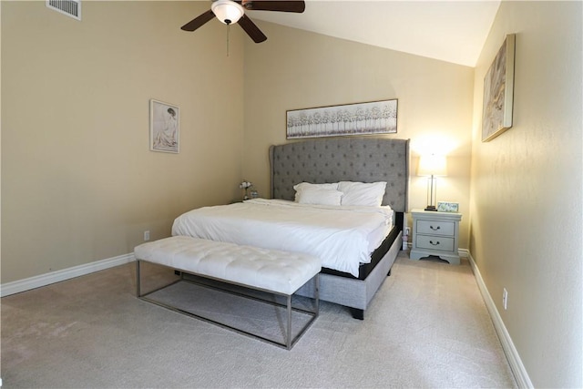 10629 El Este Ave, Fountain Valley, CA 92708 - bedroom featuring baseboards, visible vents, light colored carpet, lofted ceiling, and a ceiling fan