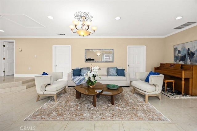 2700 Holly Ave, Arcadia, CA 91007 - living room featuring ornamental molding, visible vents, and recessed lighting